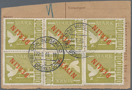 Berlin: 1949: Halbierte NACHNAHME-PAKETKARTE Mit Gebühr 7,20 DM – Dafür 20 Pf. Und 7 X 1.- DM ROTAUF - Storia Postale