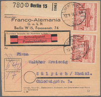 Berlin: 2 St. 3 DM Bauten U. 40 Pf. (vorder U. Rücks. Frankiert) Zusammen Auf Paketkarte Für 1 Schne - Storia Postale