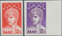 Saarland (1947/56): 1956, 12 Fr. Olympische Sommerspiele, Zwei Ungezähnte Probedrucke In Hellrot Und - Storia Postale