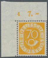 Bundesrepublik Deutschland: 1952, 70 Pf Posthornausgabe Aus Der Linken Oberen Bogenecke Mit Formnumm - Briefe U. Dokumente