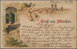 Ansichtskarten: Vorläufer: 1889, MÜNCHEN Panorama Mit Putte, Kolorierte Vorläuferkarte Mit 5 Pf Lila - Zonder Classificatie