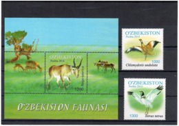 Uzbekistan 2014 . Birds, Saiga. 2v +S/S: 1000,1300; +3200.  Michel  # 1077-78 + BL 69 - Usbekistan