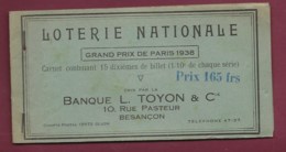 220919 - Carnet 14 BILLETS LOTERIE NATIONALE Grand Prix Paris 1938 Course Hippique BANQUE L TOYON Rue Pasteur BESANCON - Billetes De Lotería