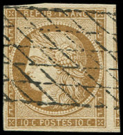 EMISSION DE 1849 - 1    10c. Bistre-jaune, Obl. GRILLE SANS FIN, TTB - 1849-1850 Ceres