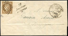 Let EMISSION DE 1849 - 1b   10c. Bistre-VERDATRE, Obl. GRILLE S. LAC, Càd T14 DRAGUIGNAN 17/1/51 Et Cursive 78/LES ARCS/ - 1849-1850 Cérès