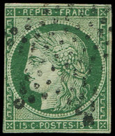 EMISSION DE 1849 - 2c   15c. Vert TRES FONCE, Obl. ETOILE, Filet Coupé à Gauche, B/TB - 1849-1850 Cérès