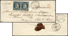 Let EMISSION DE 1849 - 4    25c. Bleu, PAIRE Obl. GRILLE S. Env., Càd T15 THIERS 3/11/51, Arr. Càd Sarde AIX Les BAINS 5 - 1849-1850 Cérès