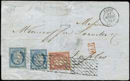 Let EMISSION DE 1849 - 4 Et 6, 25c. Bleu (2) Et 1f. Carmin, Obl. GRILLE SANS FIN S. LAC, Càd Paris 31/3/52, Arr. NAPOLI, - 1849-1850 Ceres