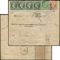 Let EMPIRE NON DENTELE - 11    1c. Olive, BANDE De 4, N°12 5c. Vert Et N°16 40c. Orange, Obl. Càd T15 CAEN 26/5/62 S. Ba - 1853-1860 Napoléon III.