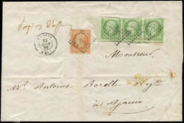 Let EMPIRE NON DENTELE - 12    5c. Vert, BANDE De 3 Bdf, Entamé En Haut Mais 3 Voisins En Bas Et N°16 40c. Orange Obl. P - 1853-1860 Napoléon III.