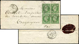 Let EMPIRE NON DENTELE - 12    5c. Vert, BLOC De 4 Nuance Soutenue Obl. PC 1824 S. LAC, Càd T15 MACON 18/9/60, Arr. DRAG - 1853-1860 Napoleone III