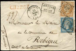 Let EMPIRE NON DENTELE - 13A  10c. Bistre T I Défx Et N°14a 20c. Bleu T I, Obl. PC 3383 S. Env. CHARGE, Càd T15 TOULOUSE - 1853-1860 Napoléon III.