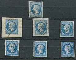 EMPIRE NON DENTELE - 14A/B 20c. Bleu, T I Et II, 6 Ex. Obl. Avec Diverses Variétés D'impression Et Un Ex. Percé En Ligne - 1853-1860 Napoléon III