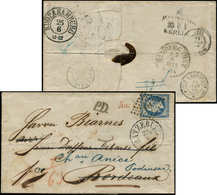 Let EMPIRE NON DENTELE - 14A  20c. Bleu, P.d., Obl. PC 441 S. LAC De LUBECK 22/6/55, Différents Cachets, Arr. BORDEAUX E - 1853-1860 Napoleon III