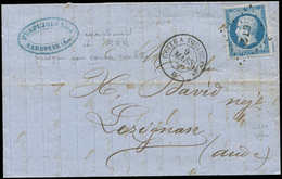 Let EMPIRE NON DENTELE - 14A  20c. Bleu Obl. Los. CT2e S. LAC, Càd Amb. De Jour CETTE A TOULOUSE 9/3/58, TTB - 1853-1860 Napoléon III.