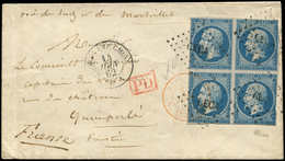 Let EMPIRE NON DENTELE - 14A  20c. Bleu, BLOC De 4 Obl. Los. CECA S. Env., Càd CORPS EXP. CHINE Bau A 11/6/62, Arr. QUIM - 1853-1860 Napoléon III