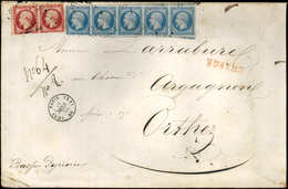Let EMPIRE NON DENTELE - 14A  20c. Bleu, T I, BANDE De 5, Un Ex. Déf., 5 Voisins Et N°17A 80c. Carmin PAIRE Défse, Obl.  - 1853-1860 Napoleon III