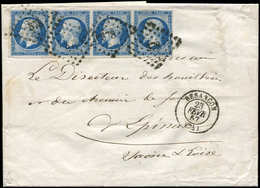 Let EMPIRE NON DENTELE - 14Aa 20c. Bleu Foncé, T I, BANDE De 4 Obl. PC 378 S. LAC, Càd T15 BESANCON 23/2/57, Superbe - 1853-1860 Napoleon III