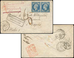 Let EMPIRE NON DENTELE - 14B  20c. Bleu, T II, PAIRE Obl. PC 427 S. Env., Càd T15 BOLBEC 14/12/62, Taxe 8, Arr. NAPLES L - 1853-1860 Napoleon III