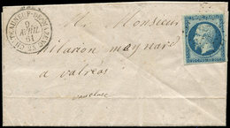 Let EMPIRE NON DENTELE - 14Ba 20c. Bleu Sur VERT, T II, Obl. PC 734 Sur LAC, Càd T15 CHATEAUNEUF-DE-MAZENC 9/4/61, TTB - 1853-1860 Napoleon III