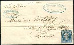 Let EMPIRE DENTELE - 22   20c. Bleu, Obl. GC 1769 Du HAVRE Càd 2/11/65 S. LAC De PARA Avec Cachet D'achemineur Pour Pari - 1862 Napoléon III