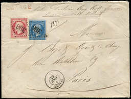 Let EMPIRE DENTELE - 22 Et 24, 20c. Bleu Et 80c. Rose Obl. GC 396 S. Env. CHARGE, Càd T15 BEAUNE 7/4/65, TB - 1862 Napoleon III