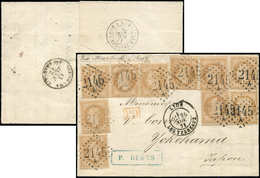 Let EMPIRE LAURE - 28B  10c. Bistre, T II, 10 Ex. Dont Nuances, Obl. GC 2145A S. LAC, Càd LYON LES TERREAUX 25/11/71, Ar - 1863-1870 Napoleon III With Laurels