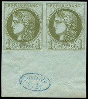 ** EMISSION DE BORDEAUX - 39B   1c. Olive, R II, PAIRE Bdf Avec Cachet De Contrôle T.P., Superbe - 1870 Emisión De Bordeaux