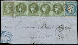 EMISSION DE BORDEAUX - 39B   1c. Olive, R II, 4 Ex. + N°19 1c. Olive Et N°37 20c. Bleu, Tous Obl. GC 2602 S. Devant, Càd - 1870 Emisión De Bordeaux