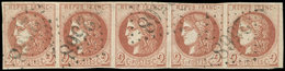 EMISSION DE BORDEAUX - 40B   2c. Brun-rouge, R II, BANDE De 5 Obl. GC 2568, Petite Fente Entre 3e Et 4e T., Néanmoins TB - 1870 Emisión De Bordeaux