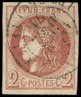 EMISSION DE BORDEAUX - 40Bf  2c. ROUGE-BRIQUE FONCE, R II, Obl. Càd T17 LYON 2/4/71, Nuance Certifiée Calves, Infime Pli - 1870 Bordeaux Printing