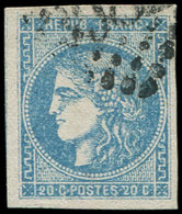 EMISSION DE BORDEAUX - 46Aa 20c. Bleu Clair, T III, R I, Amorce De Voisin à Gauche, Obl. GC, Effigie Dégagée, TTB - 1870 Emisión De Bordeaux