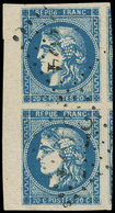 EMISSION DE BORDEAUX - 46B  20c. Bleu, T III, R II, PAIRE Verticale Bdf, 2 Voisins à Droite, Obl. GC, Pli Sur L'exemplai - 1870 Emisión De Bordeaux