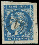 EMISSION DE BORDEAUX - 46Ba 20c. Bleu Foncé, T III, R II, Très Grandes Marges, Amorce De 2 Voisins, Obl. GC 6014, Superb - 1870 Emisión De Bordeaux