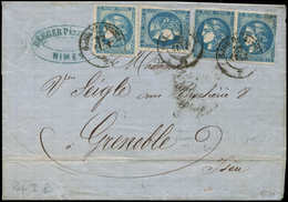 Let EMISSION DE BORDEAUX - 46A  20c. Bleu, T III, R I, PAIRE Et 2 Unités, Un Ex. Filet Touché, Obl. Càd T15 GARE De NIME - 1870 Emisión De Bordeaux