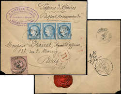 Let CERES DENTELE - 58 Et 60C, 10c. Brun Sur Rose PAIRE (1 Ex. Déchiré) Et 25c. Bleu T III BANDE De 3 Obl. Càd T17 TOURS - 1871-1875 Ceres