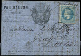 Let BALLONS MONTES - N°29B Obl. Etoile 24 S. FORMULE Aux DRAPEAUX, Càd R. De Cléry 8/11/70, Pour GRAY Zone Occupée, TB.  - Guerra De 1870