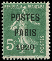 ** PREOBLITERES - 24   5c. Vert, POSTES PARIS 1920, TB, Certif. Scheller - 1893-1947