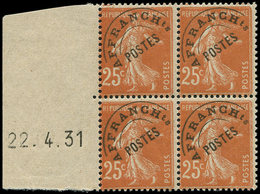 ** ROULETTES - 47  Semeuse Camée, 25c. Jaune-brun, Préo, T IIIC, BLOC De 4 Bdf Daté 22/4/31, TB - Roulettes