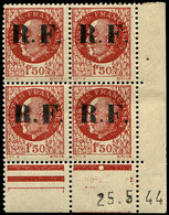 ** TIMBRES DE LIBERATION - CHALONS SUR MARNE 1 : 1f50 Brun Rouge, BLOC De 4 CD 25/5/44, 2 Ex. Légère Froissure De Gomme, - Liberación