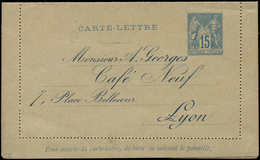 Let ENTIERS POSTAUX - Sage, 15c. Bleu, CL N°J8 Repiquage Monsieur Georges, Café Neuf, Lyon, TB - Other & Unclassified