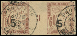 INDOCHINE Taxe 1 : 5 S. 60c. Brun S. Chamois, PAIRE Mill.3, Obl., TB - Other & Unclassified