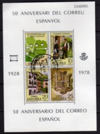 ANDORRA ANDORRE SPANISH SPAGNOLA 1978 POST 50 ANNIVERSARY POSTA SPAGNOLE BLOCK SHEET BLOCCO FOGLIETTO BLOC FEUILLET FDC - Gebruikt