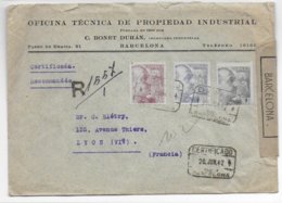 ESPAGNE - 1942 - ENVELOPPE RECOMMANDEE Avec CENSURE De BARCELONA => LYON - TRICOLORE - Cartas & Documentos
