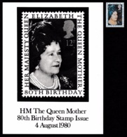 GREAT BRITAIN 1980 Queen Elizabeth The Queen Mother: STAMP PRESS RELEASE & Single Stamp UM/MNH - Covers & Documents