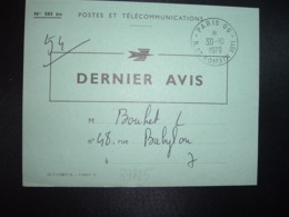 DERNIER AVIS OBL.30-10 1970 PARIS 06 + Dateurs 19 OCT 1970 + 4 NOV 1970 - Sonstige & Ohne Zuordnung