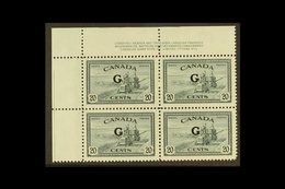 OFFICIAL 1950-52 20c Slate With "G" Overprint, SG O187, Top Left Corner PLATE BLOCK Of Four From Plate Number 1, Never H - Other & Unclassified