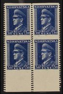 1943 3.50k Blue Pavelic (Michel 106, SG 110a) IMPERF HORIZONTALLY BLOCK Of 4 With Vertical PERFS DOUBLE Variety, Unhinge - Croazia