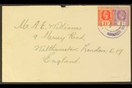 KURIA Envelope To England Bearing KGV 1d And 1½d Tied By Double Ring Violet Cds, Date Indistinct, Opening Tears At Top.  - Islas Gilbert Y Ellice (...-1979)