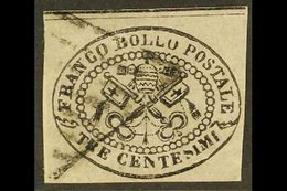 PAPAL STATES 1867 3c Black On Rosy Drab, Imperf, SG 32, Sassone 14, Used, Margins Cut Clear Of Oval Design, SG Cat.£3000 - Unclassified